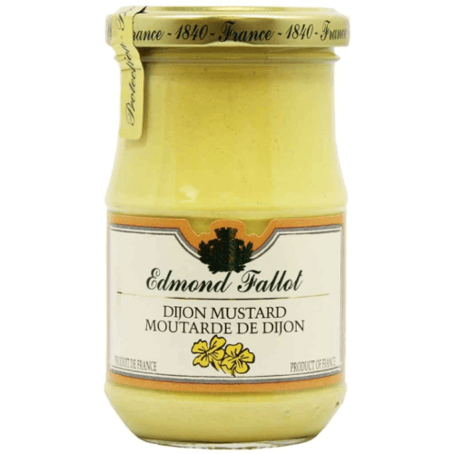 A jar of Gourmet Food Solutions, Inc. Edmund Fallot Dijon Mustards with a label reading "Produit de France" and featuring a yellow floral design. The packaging highlights this artisan mustard as a French delicacy from 1840.