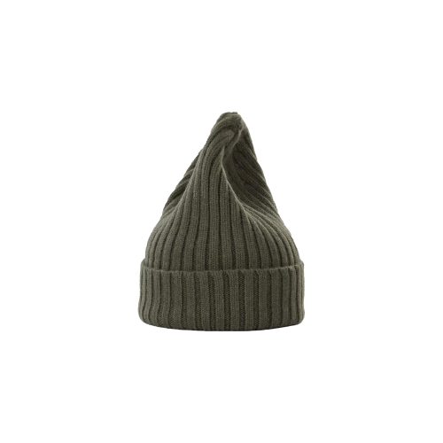 A green, ribbed Le Bonnet Large Beanie in biodegradable lambswool features a folded brim and pointed design, standing upright against a white background.