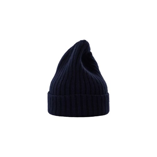 A large black lambswool ribbed knit beanie with a slightly twisted tip by Le Bonnet.