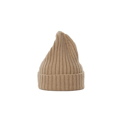 The beige Large Beanie by Le Bonnet features a ribbed texture and folded brim for ultimate comfort against a white background.