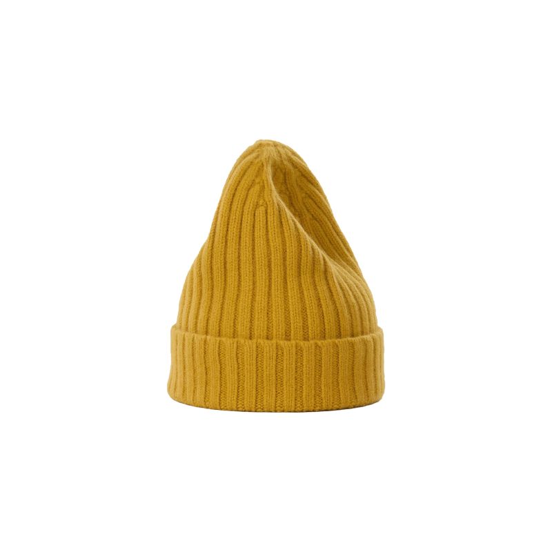 The Large Beanie by Le Bonnet is a mustard yellow ribbed knit hat featuring a folded brim, designed for extreme comfort.