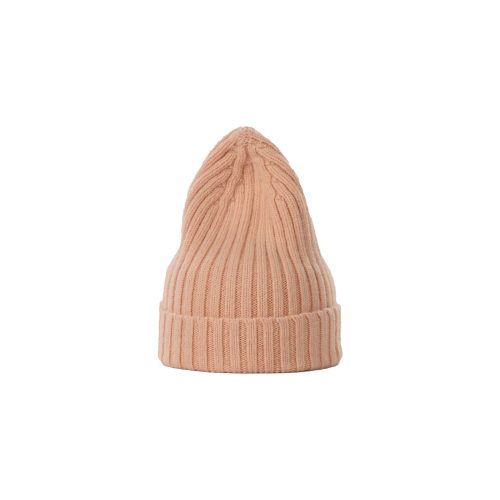 The Large Beanie by Le Bonnet is a beige knitted hat crafted for extreme comfort, featuring a ribbed design and folded brim, combining style with coziness.