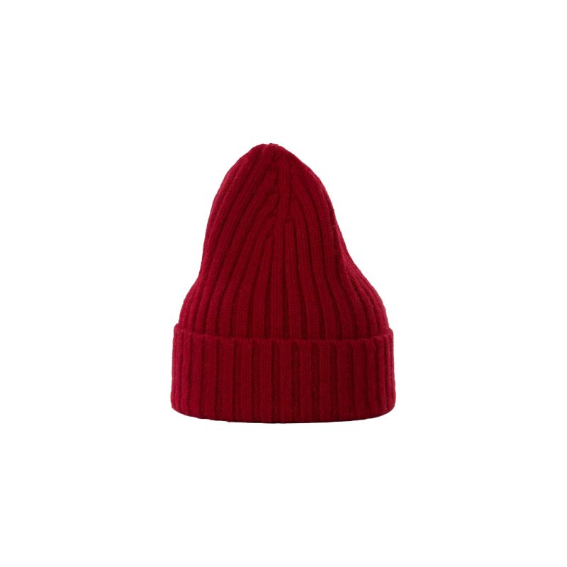 A rich red biodegradable Large Beanie by Le Bonnet, featuring a ribbed knit and folded brim, set against a plain white background.