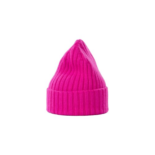 Le Bonnet's Large Beanie is a bright pink ribbed knit with a pointed top, crafted for ultimate comfort.