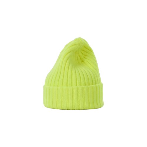 A bright yellow Large Beanie by Le Bonnet, crafted from soft lambswool with a ribbed knit and folded brim, displayed against a plain white background.