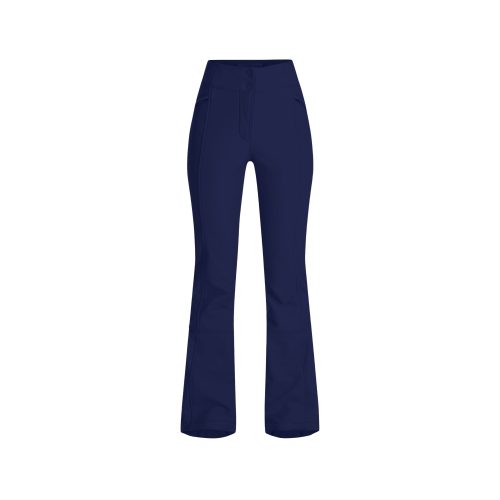 The Emma Pant by Halfdays is a pair of navy blue, slim-fit flared pants featuring a high waist and front seam details, pictured on a white background.