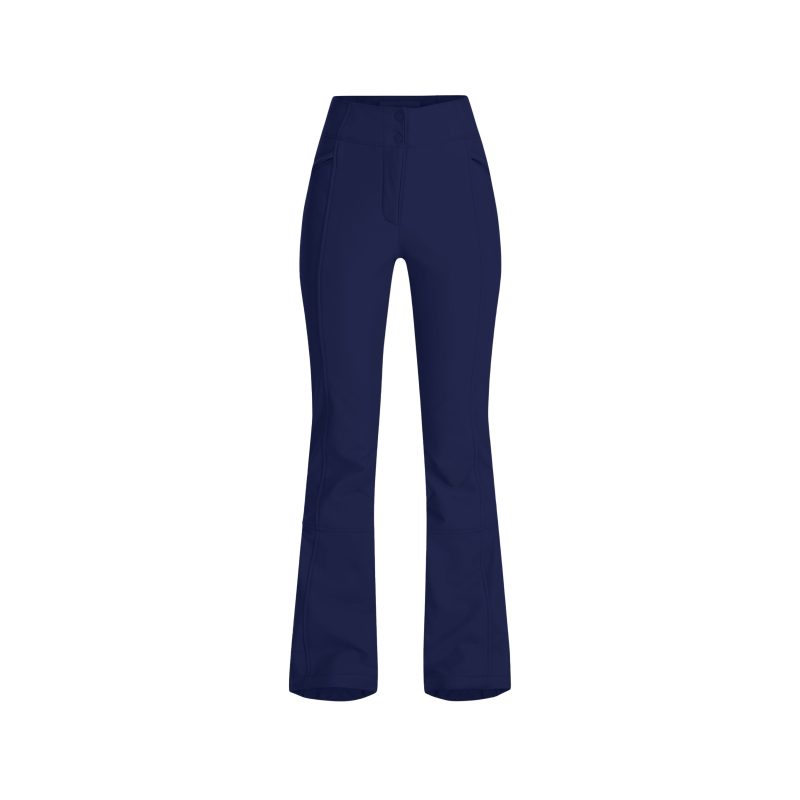 The Emma Pant by Halfdays is a pair of navy blue, slim-fit flared pants featuring a high waist and front seam details, pictured on a white background.