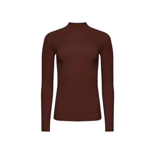 The Fay Merino Top by Halfdays is a long-sleeve, fitted merino wool top in dark brown, featuring a high neck and subtle seam detailing, set against a plain white background.