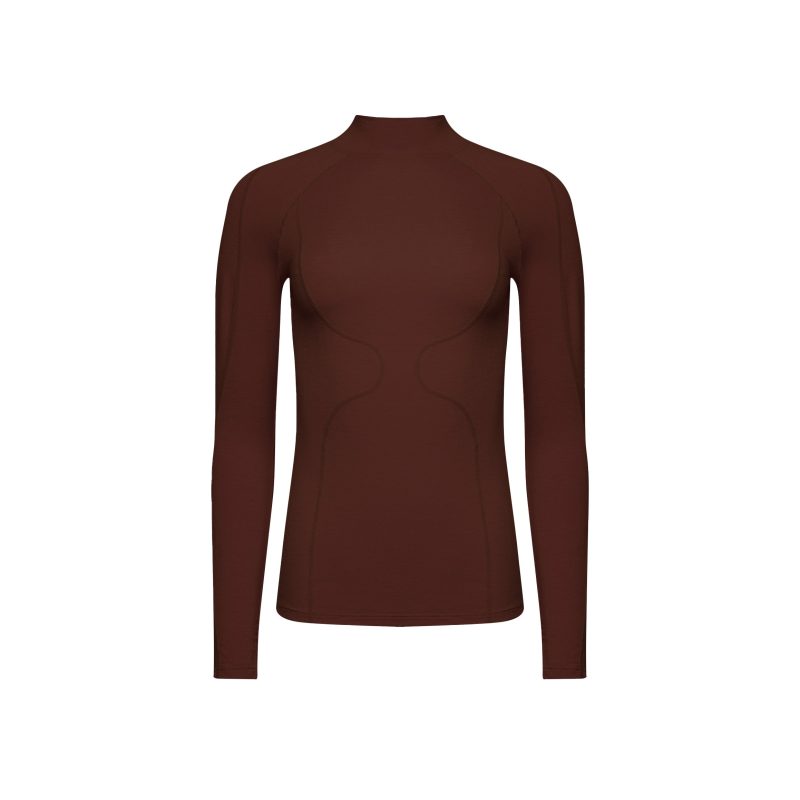 The Fay Merino Top by Halfdays is a long-sleeve, fitted merino wool top in dark brown, featuring a high neck and subtle seam detailing, set against a plain white background.