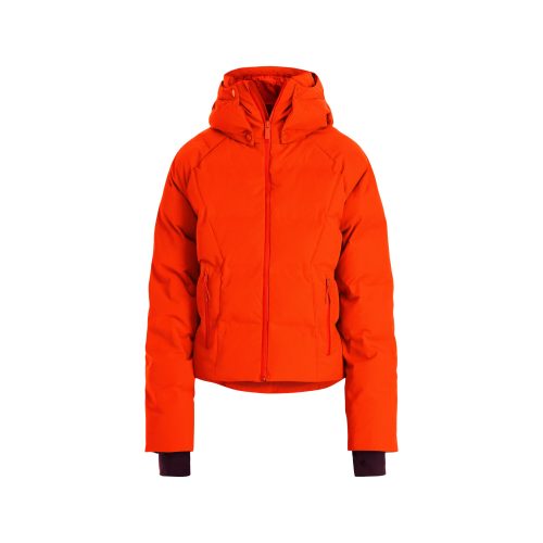 The Georgie Puffer Jacket by Halfdays, bright orange with a hood and front zipper for mountain performance, is displayed against a white background.