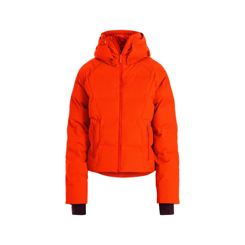 The Georgie Puffer Jacket by Halfdays, bright orange with a hood and front zipper for mountain performance, is displayed against a white background.