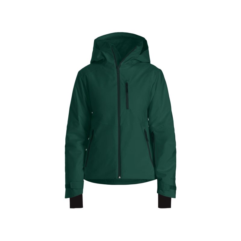 The Lawrence Jacket by Halfdays is a women's insulated green ski jacket featuring a hood, front zipper, and two zippered pockets.