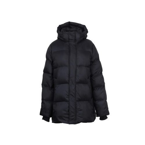 The Tabei Parka by Halfdays is a black insulated puffer jacket with a hood, ideal for snowy winter days and elegantly displayed against a white background.