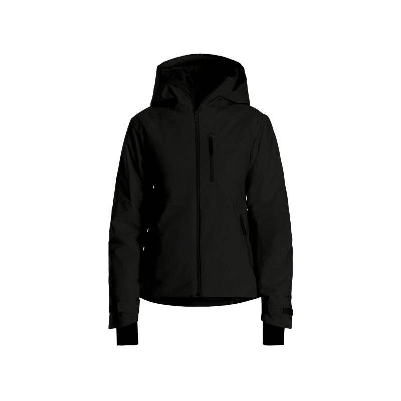 The Lawrence Jacket by Halfdays is a black insulated ski jacket featuring a front zipper, long sleeves, and pockets, ideal for women hitting the slopes and displayed on a white background.