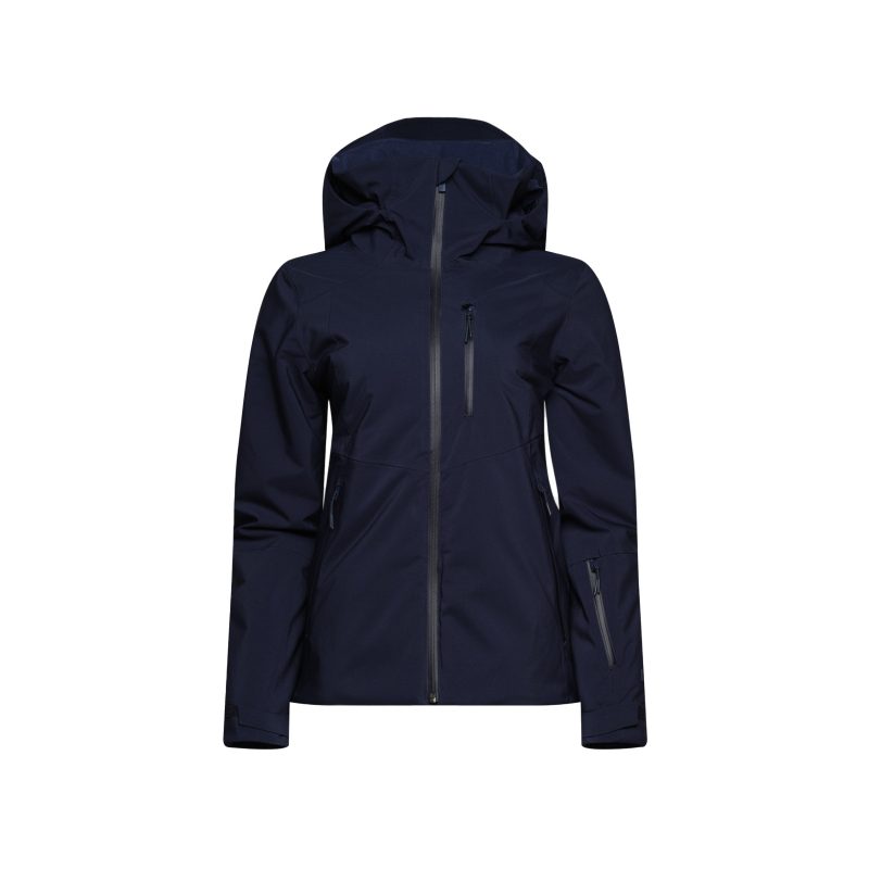 The Lawrence Jacket by Halfdays, in navy blue, is an insulated ski jacket for women, featuring a hood, front zipper, and zippered pockets. Expertly designed for stylish comfort during outdoor adventures.