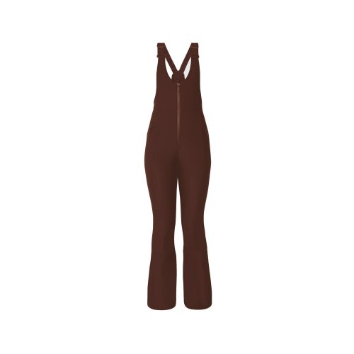 Isabel Soft Shell Bib Pant by Halfdays in brown, featuring a slim-fit design with a front zipper and cross-back straps, displayed on a white background.