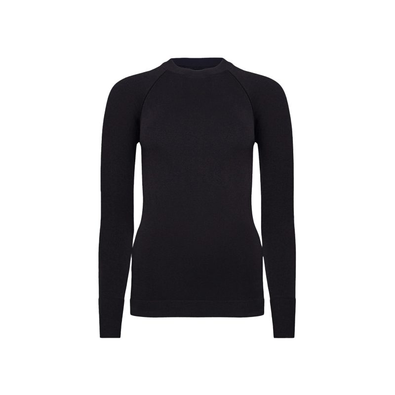 Black long-sleeve crew neck Johnson top by Halfdays, designed as a nylon seamless base layer, ideal for an active outdoor fit against a white background.