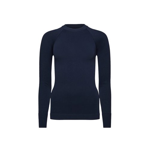 The Johnson top by Halfdays is a dark navy long-sleeve sweater with a round neckline and raglan sleeves, designed for an active outdoor fit, displayed against a white background.