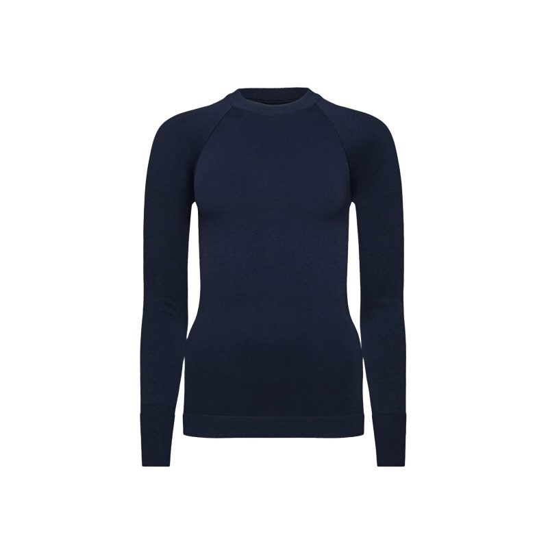 The Johnson top by Halfdays is a dark navy long-sleeve sweater with a round neckline and raglan sleeves, designed for an active outdoor fit, displayed against a white background.