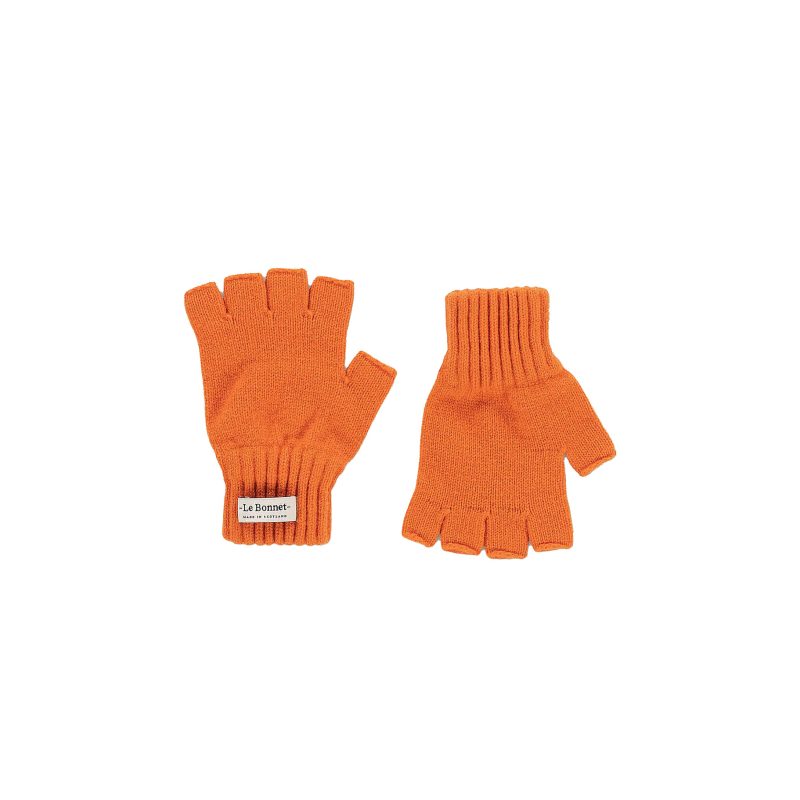 Two orange Le Bonnet Fingerless Gloves, made of soft Merino wool with ribbed cuffs, are laid flat on a white background. Crafted in Scotland.