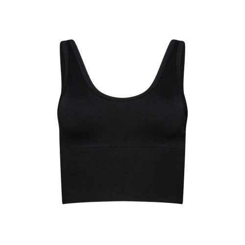 The Marie Top by Halfdays is a black sleeveless crop top featuring a scoop neckline, made from performance nylon for an effortless fit, shown against a white background.