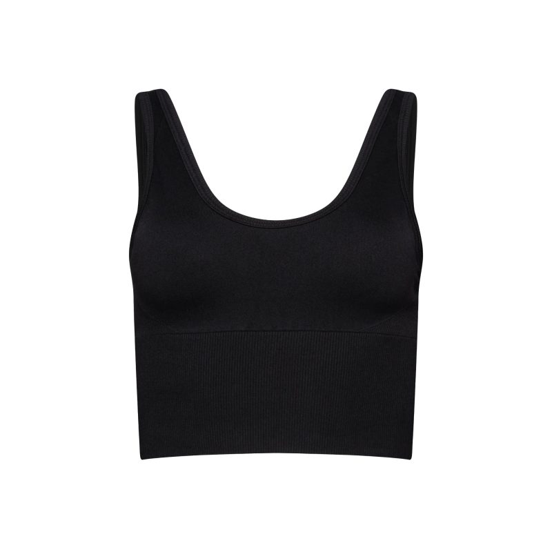 The Marie Top by Halfdays is a black sleeveless crop top featuring a scoop neckline, made from performance nylon for an effortless fit, shown against a white background.