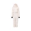 The Murphy Ski Suit by Halfdays, featuring a white insulated design with a hood and black cuffs, is elegantly highlighted against a pristine white background, showcasing its vintage racing-style appeal.