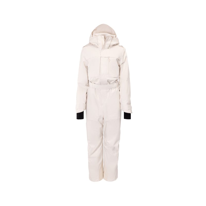 The Murphy Ski Suit by Halfdays, featuring a white insulated design with a hood and black cuffs, is elegantly highlighted against a pristine white background, showcasing its vintage racing-style appeal.