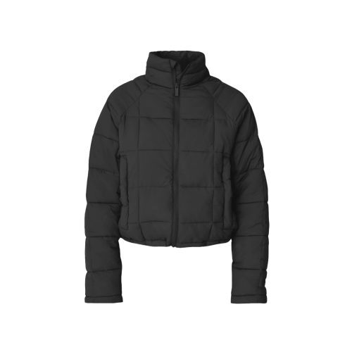 The Nellie Packable Puffer Jacket by Halfdays is a lightweight quilted jacket featuring a high collar and full-length sleeves, ideal for outdoor adventures, showcased against a white background.