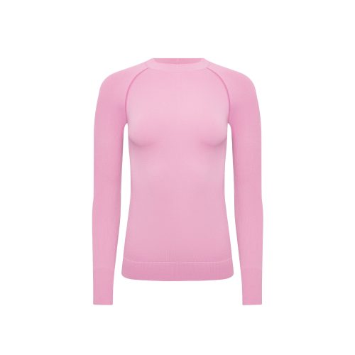 A Johnson top by Halfdays, an ultra-flattering plain pink long-sleeve sweater perfect for an active outdoor fit, showcased on a white background.