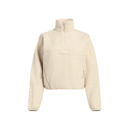 The Pieper Fleece by Halfdays is a cream-colored Sherpa fleece pullover featuring a high collar, a quarter-zip, and long sleeves.