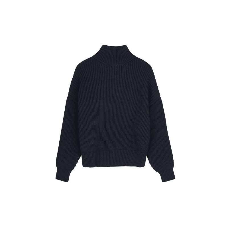 The image shows the back view of the Hera High Neck Sweater, a dark blue, ribbed turtleneck made from Sartuul wool by Aiayu, displayed on a white background to highlight its elegant details.