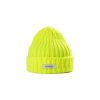 The Logo Beanie by Le Bonnet is a bright yellow accessory with a folded brim and a "Le Bonnet" tag, crafted from luxurious Lambswool Caregora for warmth and style.