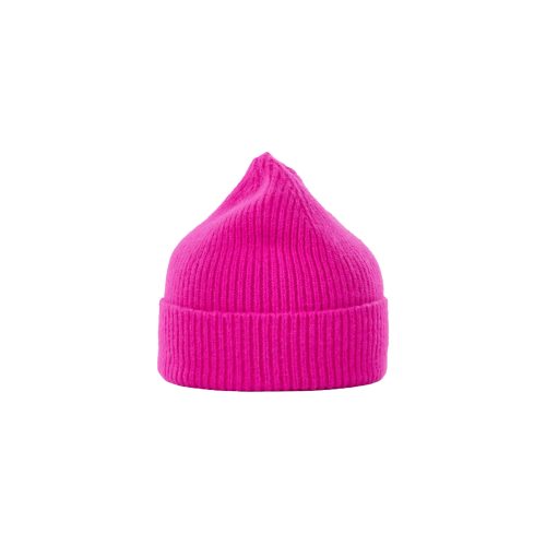 A vibrant pink ribbed beanie from Le Bonnet, made with soft lambswool and featuring a pointed top, is shown against a white background.