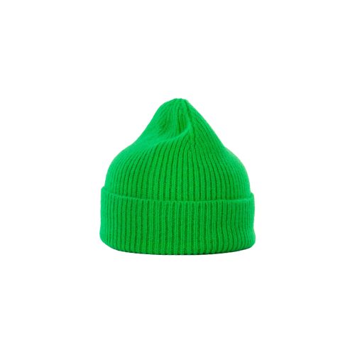 The Le Bonnet Beanie is a bright green ribbed accessory made from soft lambswool, featuring a folded cuff and shown against a white background.