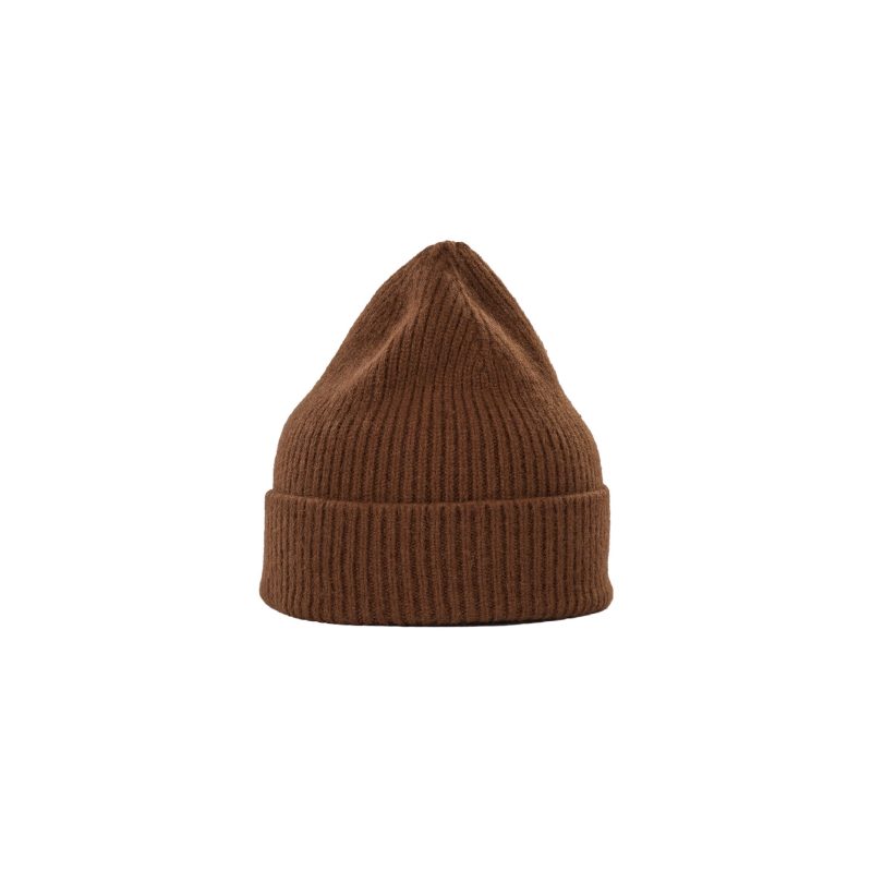 A ribbed knit beanie made from brown lambswool, designed by Le Bonnet, is displayed against a white background.