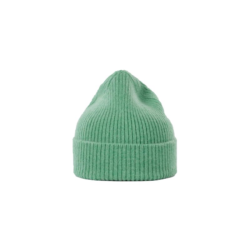 A green ribbed lambswool beanie by Le Bonnet, featuring a folded brim, is displayed against a plain background.