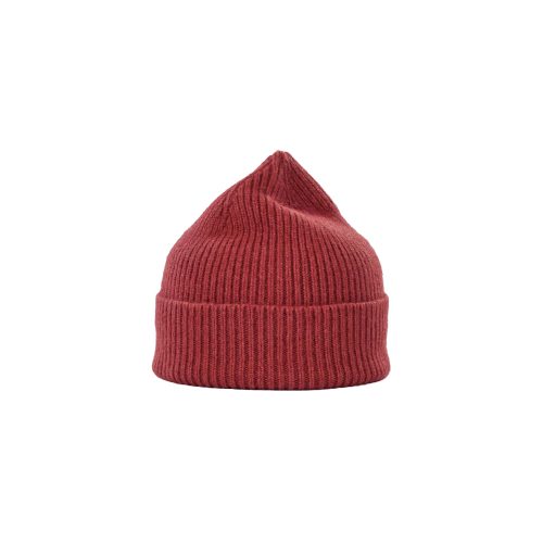 A lambswool beanie by Le Bonnet in red, showcasing a ribbed knit design and a folded brim.