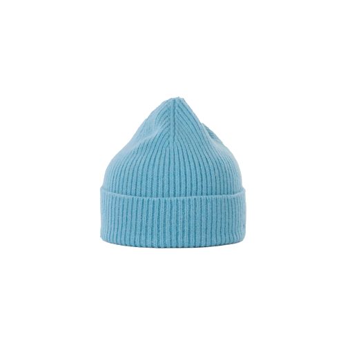 A light blue, ribbed Le Bonnet lambswool beanie featuring a folded brim is displayed against a plain white background.