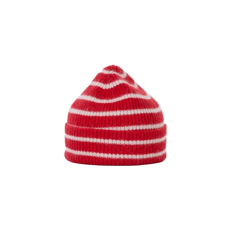 The Beanie by Le Bonnet features a classic conical shape with red and white stripes, crafted from cozy lambswool, making it stand out brilliantly against the crisp white background.