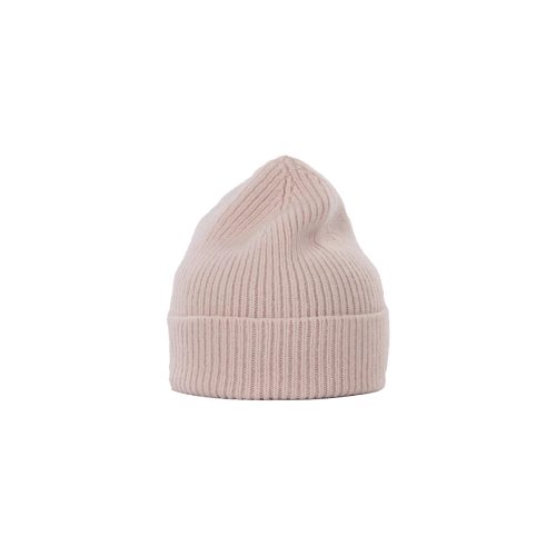 A beige ribbed Beanie by Le Bonnet, meticulously crafted from soft lambswool, is elegantly displayed against a plain white background, highlighting its stylish folded brim.