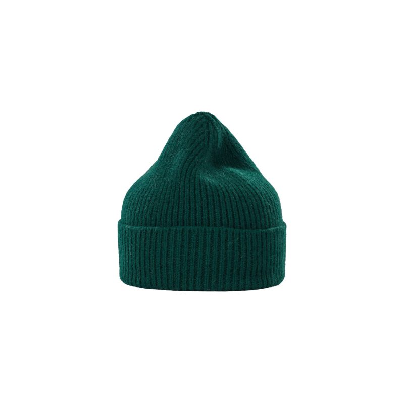 Le Bonnet's lambswool beanie, featuring a ribbed texture and folded cuff, displayed against a white background.