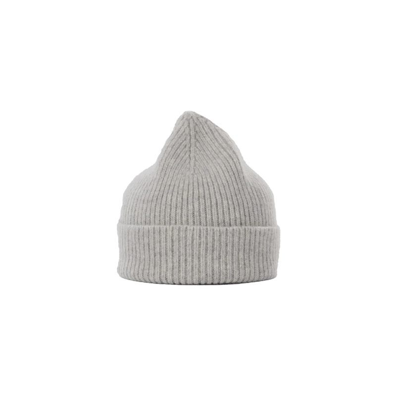 Le Bonnet's gray ribbed knit beanie made of lambswool featured on a white background.