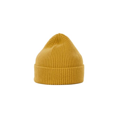 Against a white background, a yellow lambswool beanie from Le Bonnet is showcased with its cozy folded brim design.