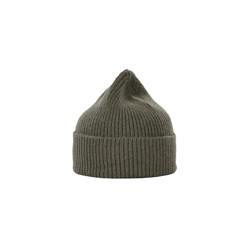 A ribbed Le Bonnet lambswool beanie featuring a pointed top and folded cuff, presented against a white background.