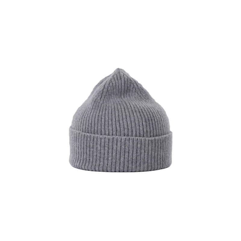 The Le Bonnet Beanie, crafted from gray lambswool and featuring a folded brim, provides both warmth and style, making it the ideal ribbed hat for chilly days.