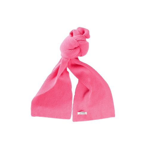 A vivid pink lambswool scarf featuring a knotted design and a small white Le Bonnet label.